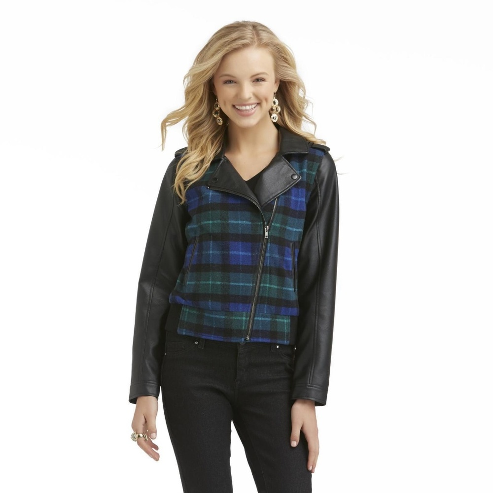 Juniors Jacket Leather Look Plaid Bongo size L NEW